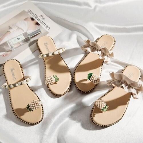 Womens Slippers Pineapple Pearl Flat Slippers Bohemian Transparent Fruit Beach Sandals Korean Fashion Slipper