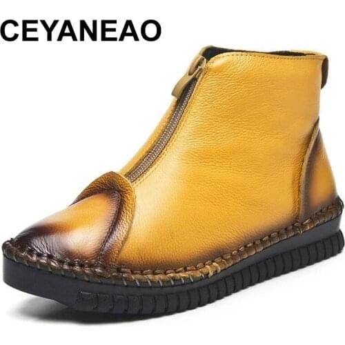 CEYANEAO 2021 Autumn Winter Front Zipper Women Snow Boots Handmade Genuine Leather Flat Ankle Boots For Women Winter Warm Shoes