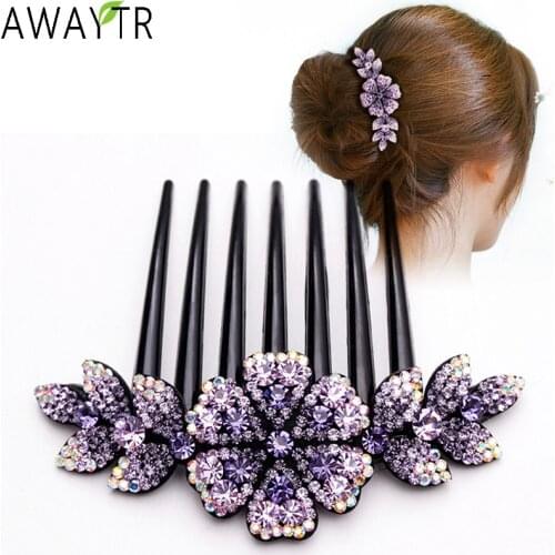 AWAYTR Crystal Rhinestones Flower Hair Combs Clip Vintage Hairpins Bridal Wedding Headdress Women Hair Accessories Disk Headwear