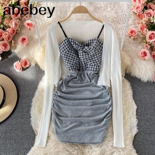 2021 New Summer Fashion long sleeve solid Cardigan Top + Plaid patchwork high waist pleated wrap strap Dress 2-piece set