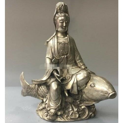 11'' tibetan bronze silver carved buddhism Guanyin Avalokitesvara on fish statue