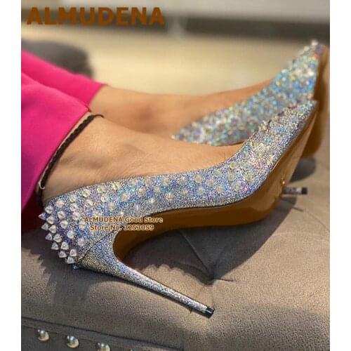 ALMUDENA Silver Sequined Crystal Rivets High Heel Shoes 12 10 8cm Stiletto Heels Pointed Toe Full Studded Glitter Wedding Shoes