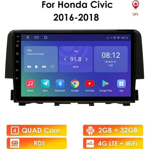 Car Player Quad Core 2 Din Android 10 Stereo Radio GPS Wifi for Honda Civic 2016 2017 2018 Map OBD2 DVR SWC Multimedia Video