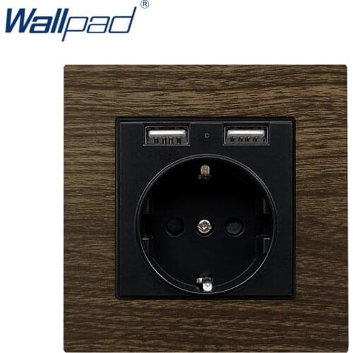 Wood EU Socket with Double USB Charging Ports Wallpad Home Wall Socket Satin Metal Panel USB Socket 2.4A