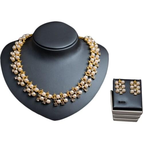 Double Simulated Pearl Arrangement Jewelry Set Inlay Rhinestone Women Gorgeous Party Jewelry Gold Color Necklace Stud Earring