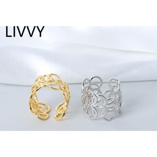LIVVY Silver Color Rings For Women Hollowout Open Adjustable Finger Ring Fine Anti-allergy Jewelry Accessories 2021 Trend