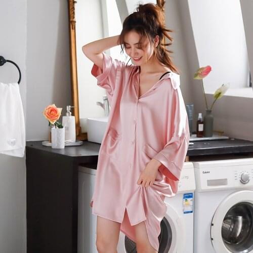 Summer Nightgown Womens Nightdress Thin 3 / 4 Sleeve Ice Silk Medium Length Dress Shirt Loose Homewear Female Sleepwear Lingerie