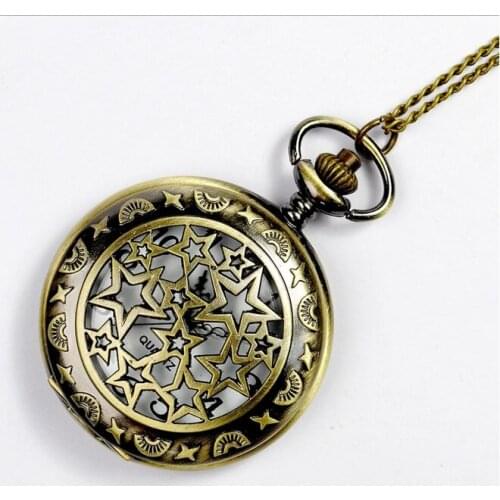 Small POCKET WATCH Woman HOLLOWED STARS Constellation flowers Rim Bronze Necklace Watch Vintge Jewelry Women