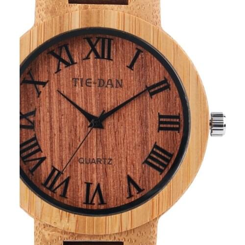 Fashion Wrist Watch Bamboo Quartz Men Nature Wood Casual Handmade Roman Numerals Women Brown Genuine Leather Band Strap Gift