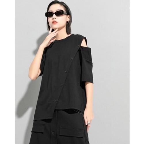 Fashion Irregular Hollow Shoulder Button Summer T-Shirt Women Blouse Short Sleeved Loose Size Cotton Casual Dress Black White