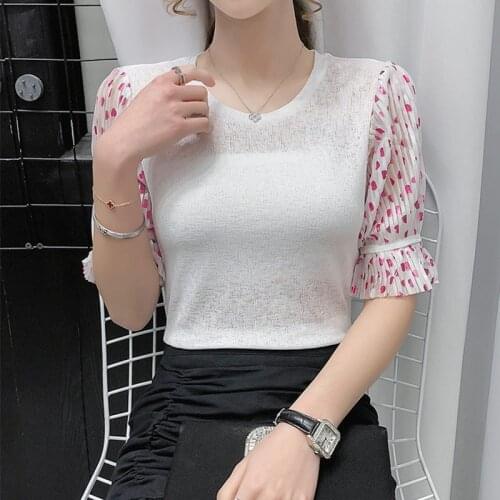 Fashion Classy Women Chiffon Short Sleeve 2021 O-Neck Women Thin Tops Office Ladyies Patchwork T-Shirts Plus Size Woman Tops