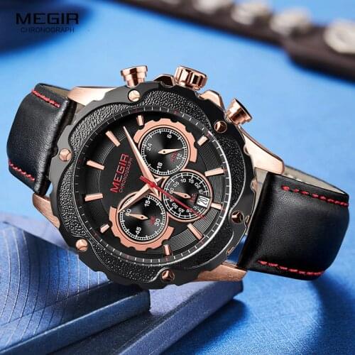 Megir Mens Leather Strap Chronograph Quartz Watches Fashion 24-hours Indicator Sports Wristwatch for Man Boys 2070G-1N0