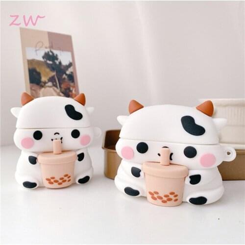 Cute cartoon 3d cow milk tea for airpods 1 2 pro case box soft silicone wireless bluetooth headset protect cover