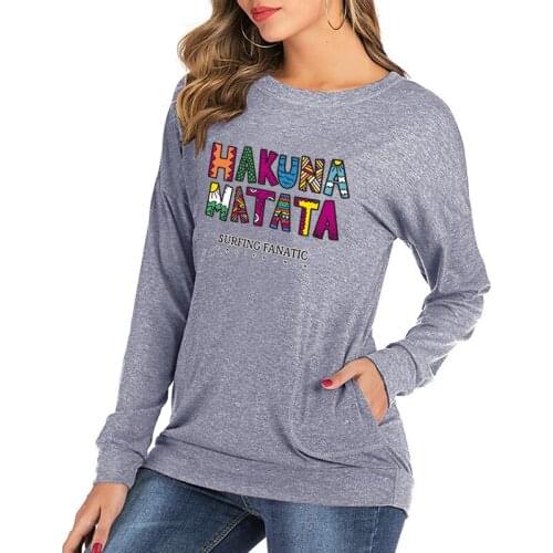 New Womens T-shirt O-Neck Harajuku Colorful HAKUNA NATATA Print Top Long Sleeve Casual Female T shirt Oversized Warm Autumn