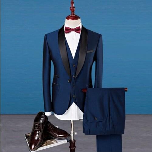 Latest Coat Pant Designs Navy Blue Shawl Lapel Men Suit Slim Fit 3 Piece Groom Tuxedo Custom Suits Prom Party Blazer Vestidos Gh