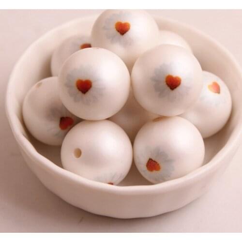 OYKZA New 20mm 100pcs Fashion Color Acrylic Matte Imitation Pearl Print Flower Beads for Chunky Girls Necklace Jewelry