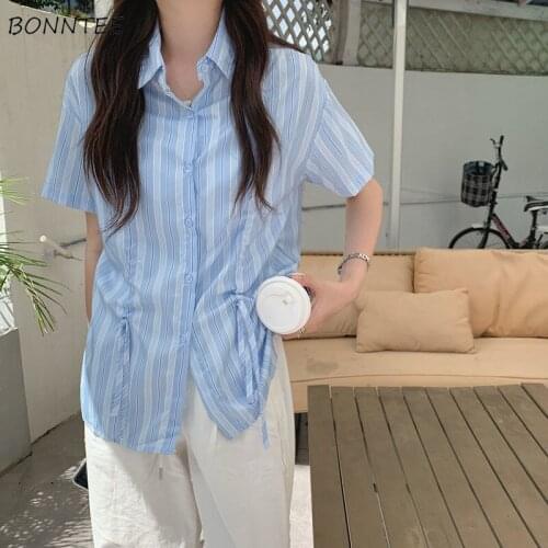Shirring Shirts Women All-match Leisure Elegant Fashion Striped Turn-down Collar Female Single Breasted College Summer Ulzzang