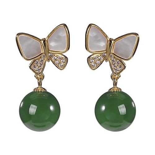 S925 sterling silver gold-plated natural Hetian jade stud earrings retro fresh butterfly earring pendant for ladies earrings