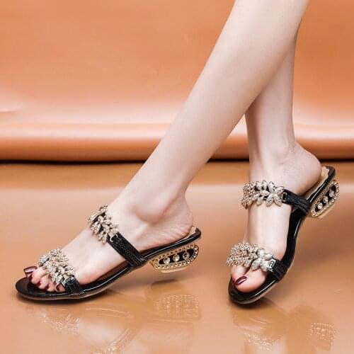 Lucyevr Crystal Heels Women Summer Slides Elegant Ladies Fashion Rhinestone Flip Flops Casual Slip on Shoes Woman Sandalias Feme