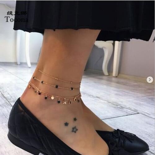 Tocona 4pcs/sets Black Rhinestore Foot Chain for Women Wafer Gold Adjustable Barefoot Sandals Anklets Summer Jewelry 8775