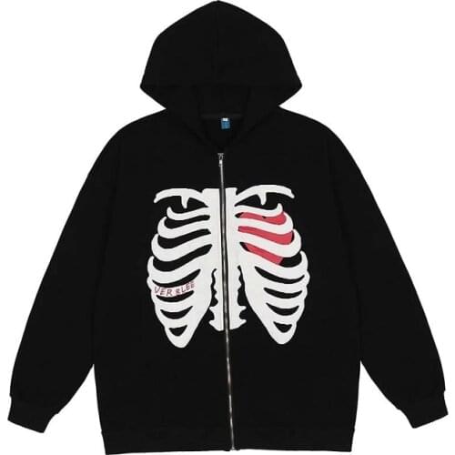 Skull Print Hooded Sweatshirt Street Hotel Hoodie Men Ladies Streetwear Park Harajuku Warm Hoodie Zipper Hooded Sweatshirt Retro