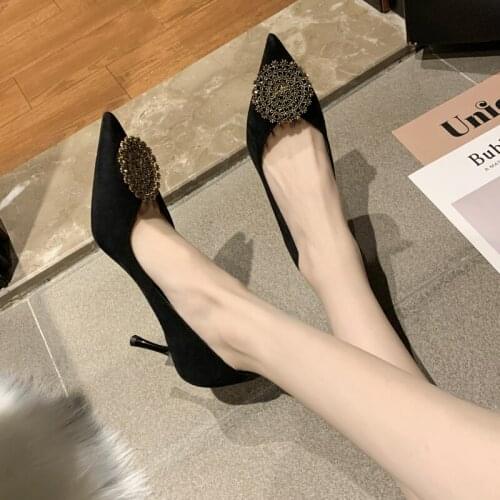 Women Pointed Toe Pumps Bling Buckle Female Slip On Footwear Thin High Heels Ladies Party Wedding Glitter Shoes W32-44