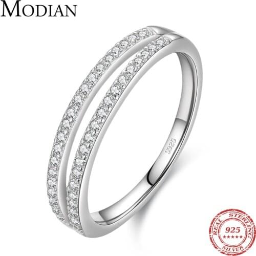 Modian 100% 925 Sterling Silver Double Circle Line Simple Clear CZ Finger Ring Shiny Fashion Rings For Women Wedding Jewelry