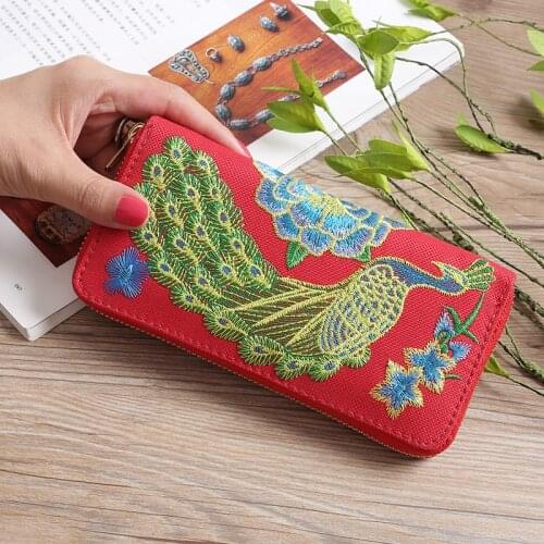 Ethnic Embroidery Peacock Wallet Women Zipper Clutch Purse Phone Case Handbag Coin Pocket Credit Bank ID Card Holders Bag XB223