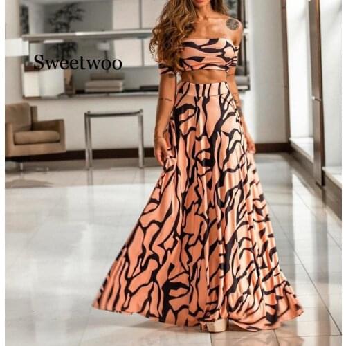 Striped Print 2 Piece Set Leopard Women Straps Beach Party Skirt Bohemian Suits Sexy Crop Tops And Long Skirt Suits
