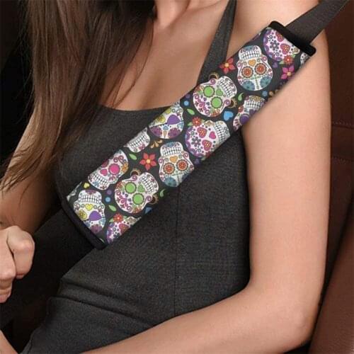 Auto Seat Belt Cover for Adult Youth Floral Skeleton Design Comfort Safety Belt Cover Shoulder Bags Straps Protector Fits