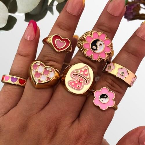 Fashion Pink Mushroom Chunky Rings for Women Gift Love Smile Enamel Heart Flowers Rings Luxury Spring Fine Lucky Jewelry Gift
