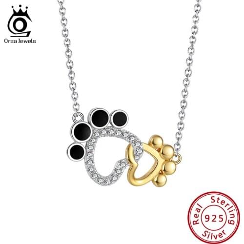 ORSA JEWELS 925 Sterling Silver Women Necklaces Cute Puppy Footprints Pendant With AAAA Cubic Zirconia Jewelry for Teen SN248