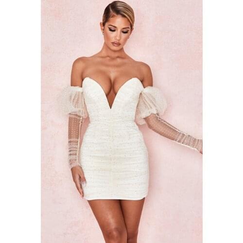 2021 New design sexy deep V collar off-shoulder pleated mesh sequin skirt women dresses sexy