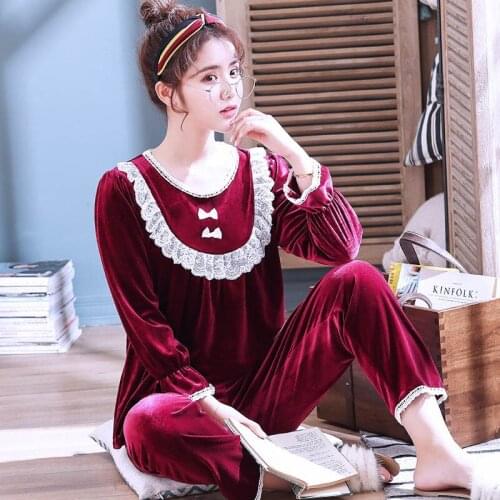 Winter gold women velvet pajamas long-sleeved cute pajamas set 2 pieces suit home service top pants home clothes sleepwear