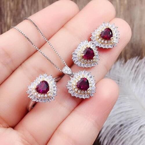 100% Natural and Real Natural Garnet Jewelry Set 1pc Ring 1pc Pendant 1pair Earrings 925 Sterling Silver High Jewelry