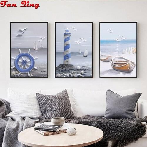 3pcs 5D Diamond Painting Nordic Mediterranean Seaport And-Dock Scenery Diy Cross Stitch Diamond Embroidery Set Wall art