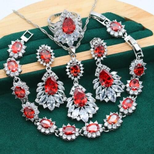 Classic Red White Crystal 925 Silver Jewelry Sets For Women Bracelet Earrings Necklace Pendant Ring Wedding Jewelry Gift 4PCS
