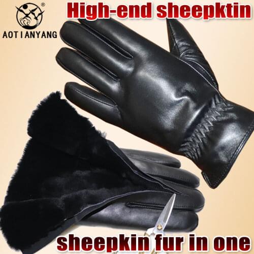 100% Sheepskin Gloves Mens Leather Real Wool Lining Winter Cold-proof Motorcycle Windproof Warm Fur Thicken Five-finger Driving