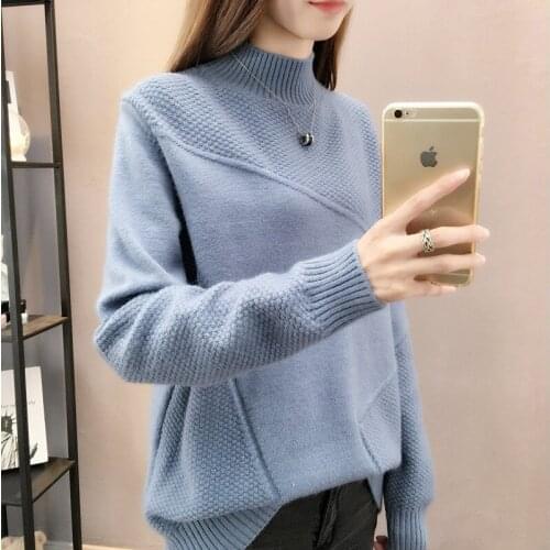Basic Solid Autumn Spring Ladies Knit Sweater Long Sleeve Womans Half Neck Jumpers Loose Casual Female Pullovers for Outwear