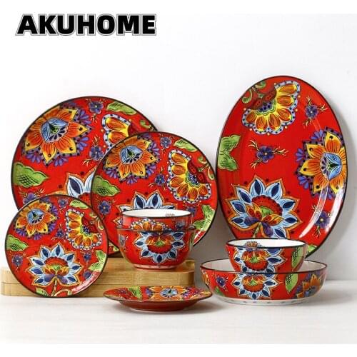 Raging Fire Series Creative Hand-painted Bowls Dinner Plates Personalized Fruit Salad Bowls Dishes and Plates Sets