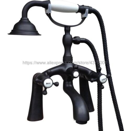 Black Oil Rubbed Brass Dual Handle Bathroom Tub Faucet Deck Mounted Bathtub Mixer Taps with Handshower Ntf510