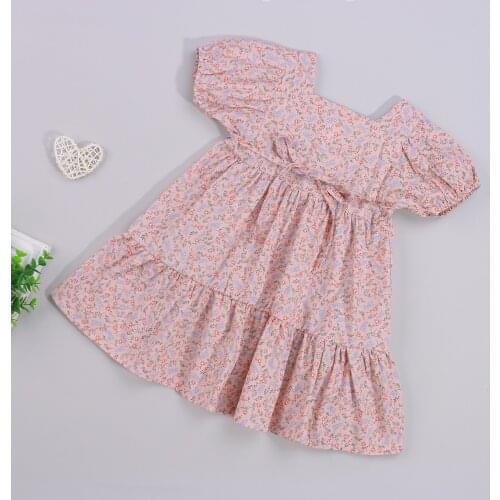 Children Floral Print Drawstring Dress, Girls Short Puff Sleeve Square Collar Dress for Summer