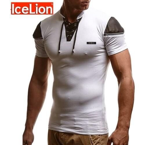 IceLion 2021 Summer Short Sleeve Fitness T Shirt Men Fashion Drawstring Stand Collar Patchwork T-shirt Solid Slim Fit Tshirt