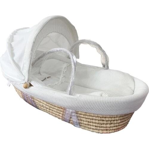 Cradle for Newborns Natural Corn Woven Baby Bassinet Waffle Fabric Portable Baby Basket Wood Childrens Bed Crib with Wheels