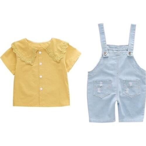 DFXD Toddler Girl Summer Clothes Set High Quality Lace Collar Short Sleeve Blouses Shirts Denim Jeans Overall Pants Kids Clothes