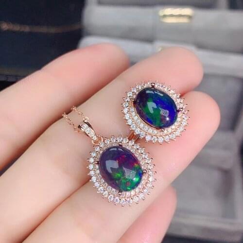 Fashion Set 100% Natural and Real Black Opal jewelry set Natural Real Opal 925 sterling silver 1pc pendant,1pc ring