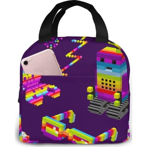 Rainbow Color Robot Cute Cooler Bag Portable Zipper Thermal Lunch Bag Convenient Lunch Box Tote Food Bag