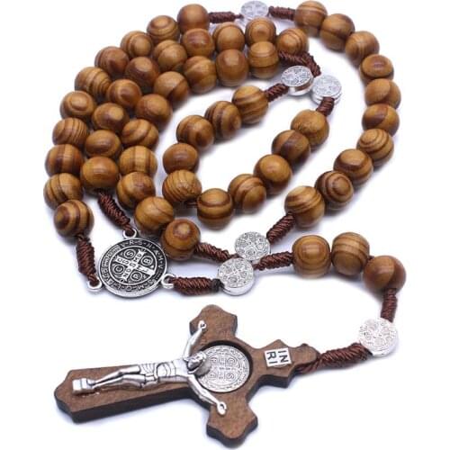 Fashion Handmade Round Bead Catholic Rosary Cross Religious Wood Beads Men Necklace Charm Gift QX2E