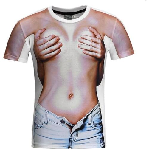 Mens T-Shirt Funny personality lifelike fake chest muscle fake abdominal muscle annual meeting performance clothes