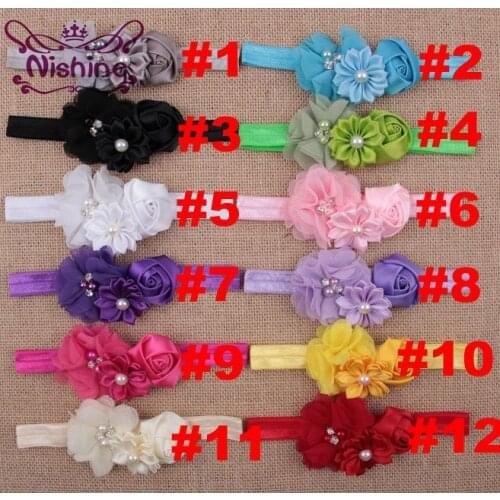 Nishine 12pcs/lot Stain Rose Pearl Chiffon Flower Rhinestone Headband Fashion Handmade Children Headwear Photography Props